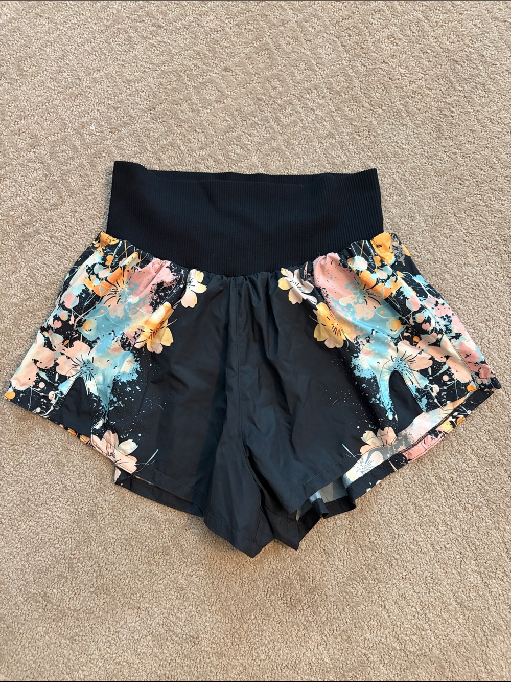 Free People Carpe Diem Black Floral Athletic Shorts with High Rib Waistband